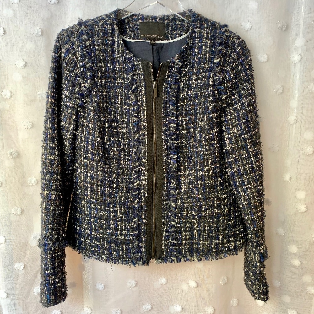 Banana Republic Metallic Navy Tweed Zip Jacket Blazer